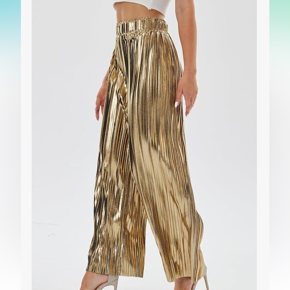 Women's Shiny Pleated Wide Leg Pants - Picture 2 of 3